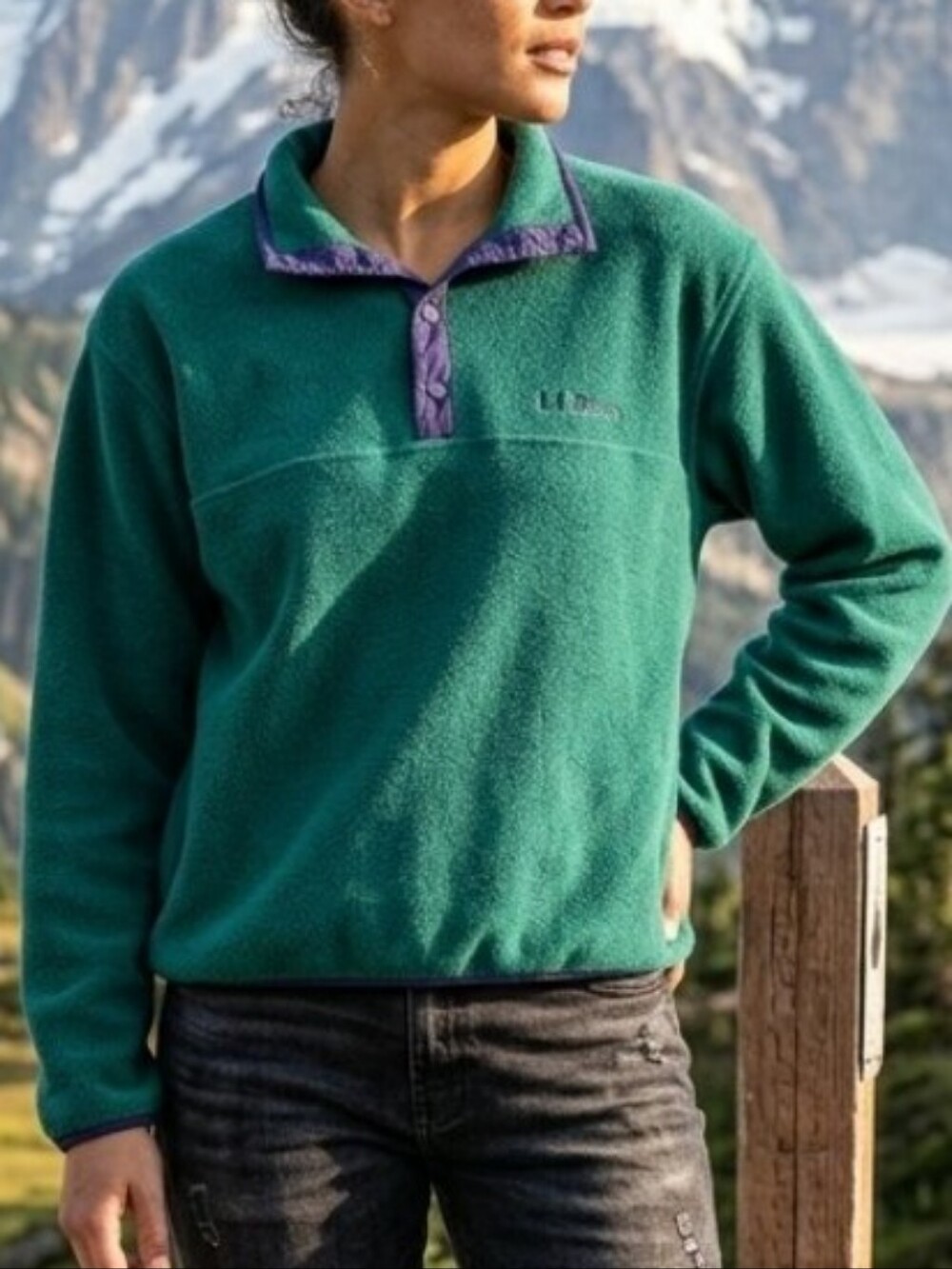 Vintage LL BEAN Snap Button Green Quarter-Zip Fleece Pocketed  Pullover Sweater